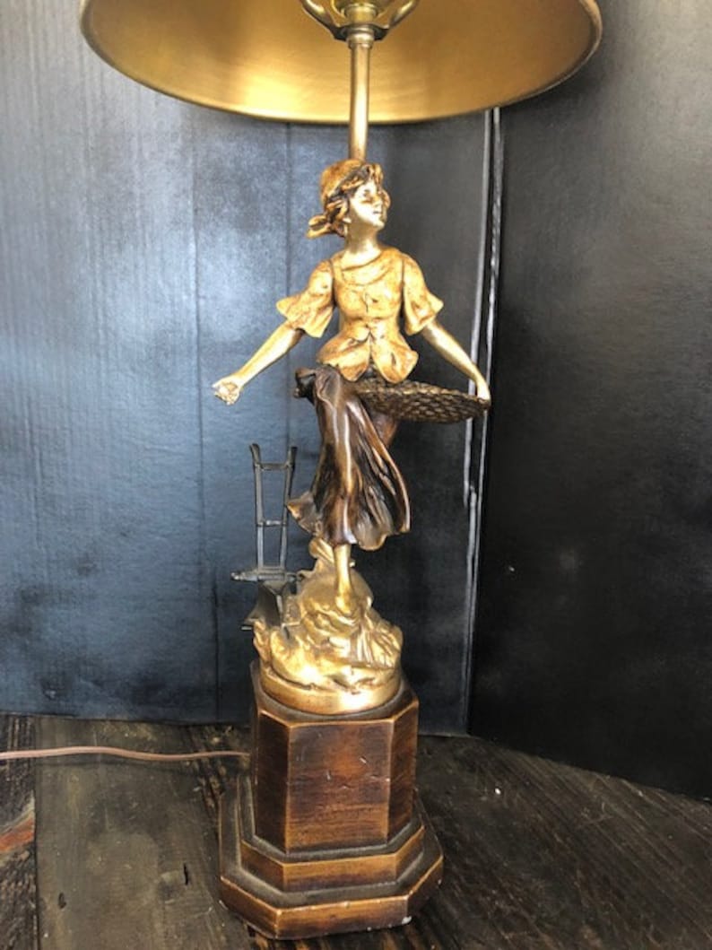 Vintage Cast Bronze Table Lamp Metal Shade Lady With A Basket