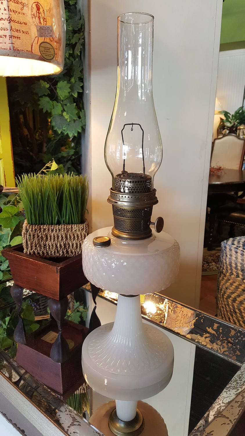 Vintage Aladdin 1937 Moonstone Diamond Quilt Pattern Oil Lamp Etsy