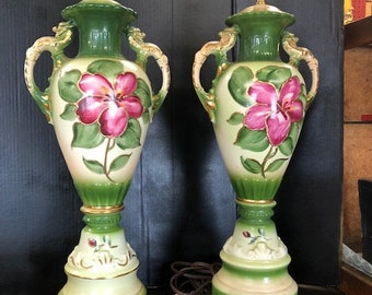 Wiktoriańskie ręcznie malowane porcelanowe kwiaty para lamp stołowych