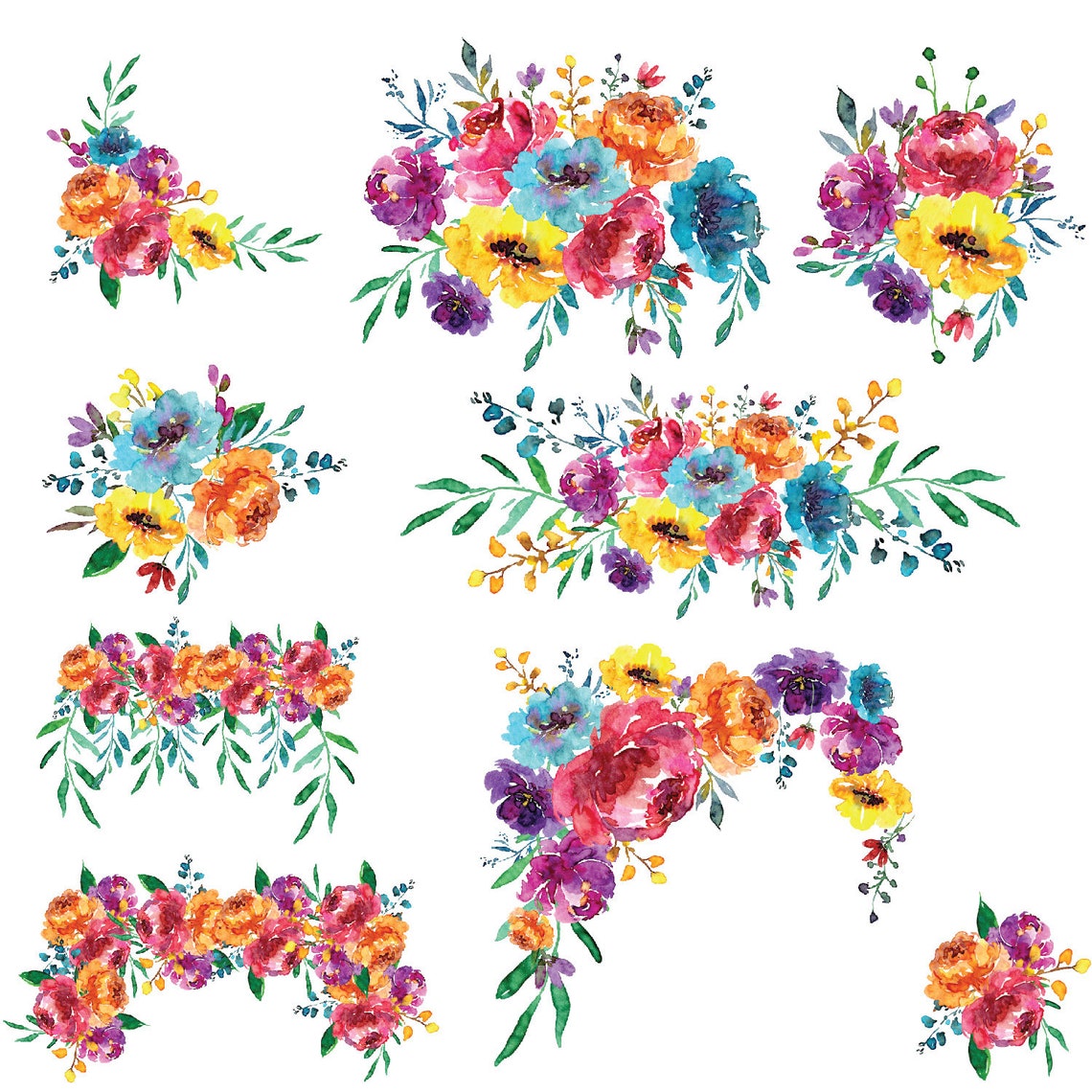 Bright Summer Floral Clipart Bundle PNG Transparent Watercolor Orange ...