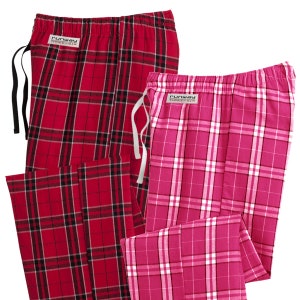 May include: Two pairs of plaid pajama pants. One pair is red with black and white plaid, the other is pink with white and black plaid. Both pairs have a "Runway Three Six" label.