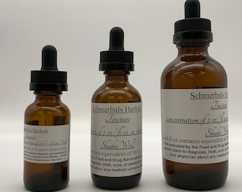 May include: Three amber glass bottles with dropper tops and white labels. The labels contain the text "Schmerbals Herbals Tincture" and information about the product's concentration and dosage. The bottles are arranged in a row from smallest to largest.