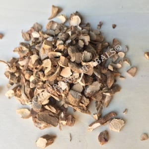 May include: Close-up of a pile of dried, light brown, irregularly shaped pieces of burdock root. The root pieces are scattered on a white surface. The text "SCHMERBAL'S HERBALS®" is visible in the lower left corner of the image.