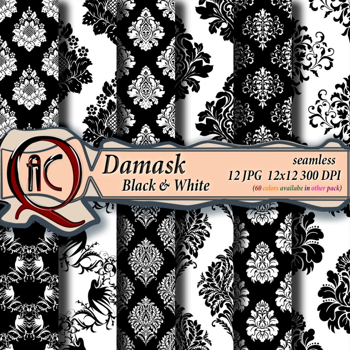 Black Damask Digital Paper Damask Black Damask Paper Black Etsy