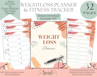 May include: Printable weight loss planner and fitness tracker with 32 pages. The cover features a pink and orange abstract design with the text "Weight Loss Planner".