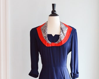 1940's Navy Dress with Bow Detail/Waist 30"