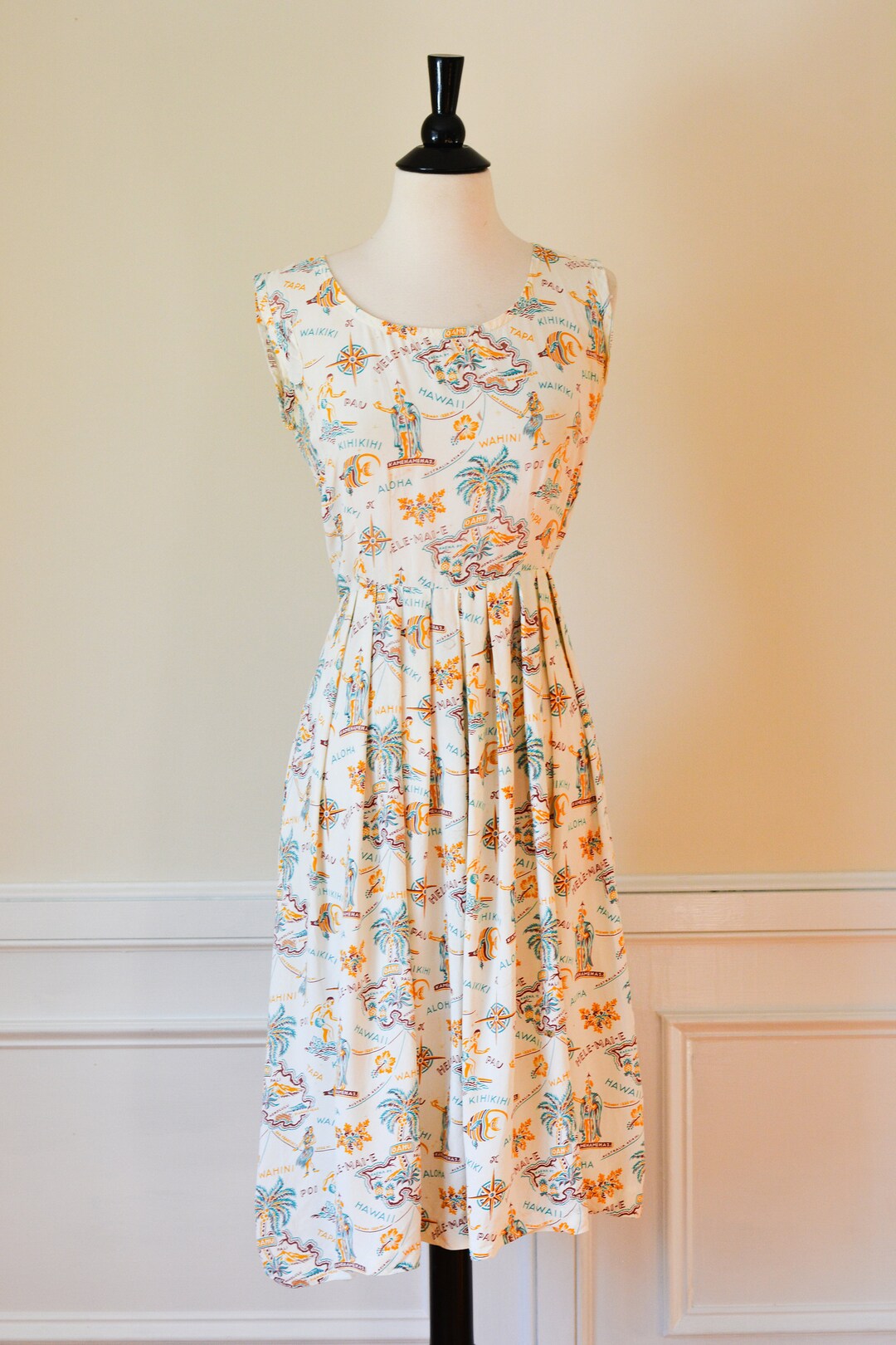 1940s1950s Novelty Print Dress1950s Hawaiian Dress/waist - Etsy