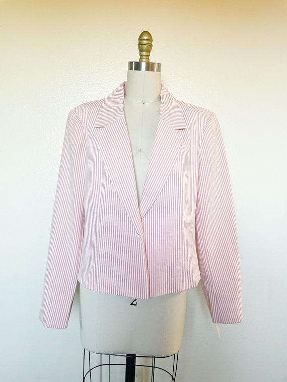 1980s Pink and White Striped Seersucker Blazer