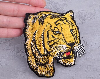 Gestickter Tigerkopf Bügelbild, großes Tier Aufnäher für Jacken, Rucksäcke - 9,5 cm