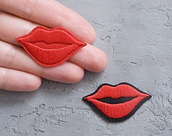 Red lips iron-on patch 45mm, Kiss mouth patch, Girly badge, Embroidered applique for clothes - 1 3/4"
