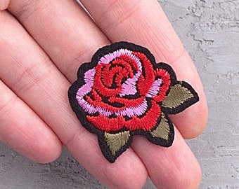 Tiny Rose patch 1 9/16", Red flower iron-on embroidered applique for women