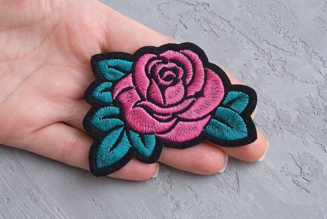 Pink Rose Embroidered Patch 78mm, Flower Ironon Patch, Summer Applique