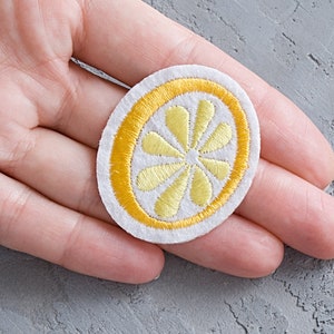 Lemon iron-on patch 45mm, Citrus fruit embroidered applique, Food badge, Patch supplies for Coat, T-Shirt, Jeans