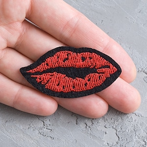 Kiss patch 55mm, Red lips iron-on  badge, Kiss mouth patch, Girly embroidered applique, Backpack patches, Mask patch - 2 3/16"