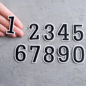 Può includere: Dieci toppe termoadesive nere con contorni bianchi, ciascuna con un numero da 1 a 10.