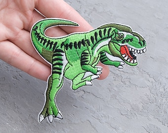 Green Dinosaur patch 95mm, Allosaurus iron on patch, Paleontology embroidery applique, Jurassic Dinosaur, Jacket Backpack badge - 3 3/4"
