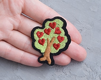 Red Hearts tree iron on applique 2", Love tree patch, Green Tree patch Applique embroidered patch Embellishment Sew On Patch