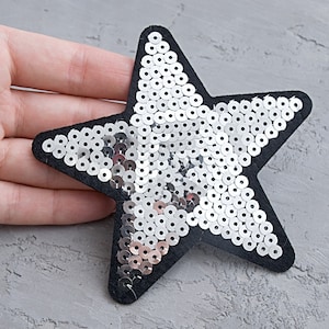 Silver star patch 105mm, Sequined applique, Paillette Iron on badge for jacket, Festive Decoration patches,   - 4 1/8&quot;