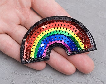 Rainbow patch 70mm,  Cool iron on badge, Sequined applique for jacket, Rainbow applique for clothing,  kids / baby patch - 2 3/4"