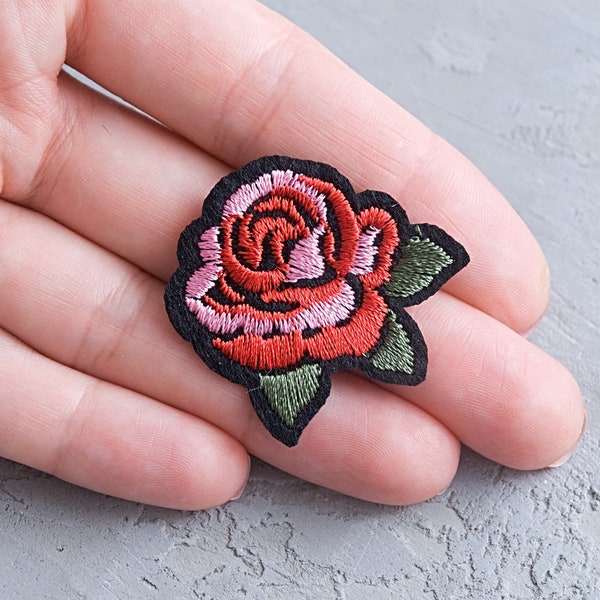 Tiny Rose patch 1 9/16", Red flower iron-on embroidered applique for women