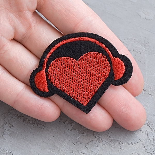 Heart with headphones patch 2 1/16", Red Heart badge, I love music iron on applique, Embroidered patch, Sew On Patch