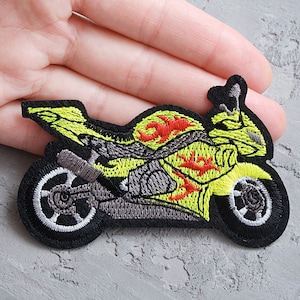 Yellow Motorbike patch 90mm, Motorcycle embroidered iron on patch,  Badge for boy, Motorbike patch, Jacket Badge - 3 9/16&quot;