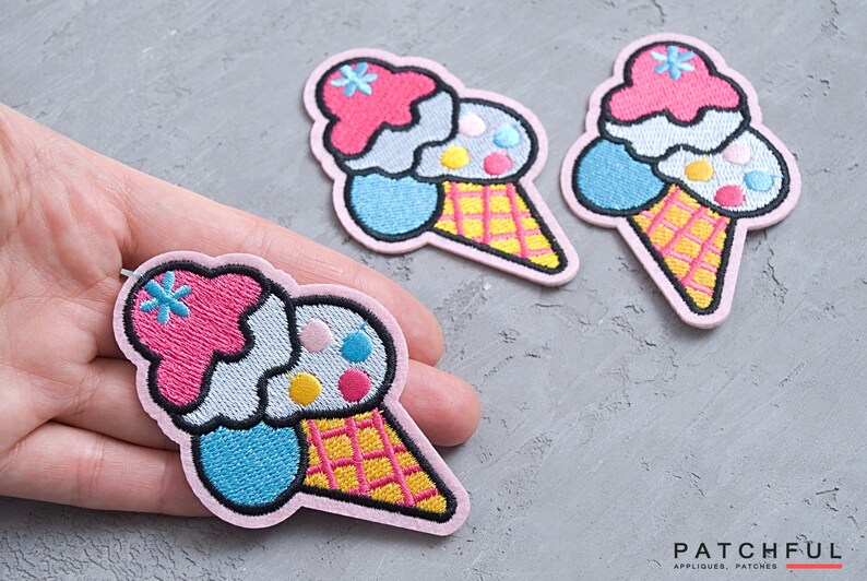 Embroidered Ice Cream Cone Patch, Pink Girly Food Applique, Iron-On Badge (85mm) image 4