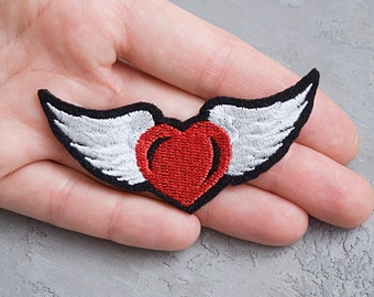 Heart with white wings patch 75mm, Red Heart with Wings embroidered iron on applique, Biker patch, Clothing accessories - 2 15/16"