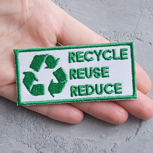 Recycle Reduce Reuse embroidered patch 80mm, Green Eco Friendly Recycling iron on applique, Clothing Patch for Jean Jacket Shirt - 3 1/8"