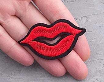 Red kiss embroidered patch for ironing onto Jackets, Backpacks, Hats, Caps & Jeans. Decorative  Applique Badge for clothing - 2 5/16"