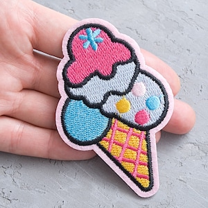 Ice Cream Cone iron-on patch 85mm, Ice Cream badge, Pink girly patch, Embroidered food applique, Embroidery badge gift - 3 3/8&quot;