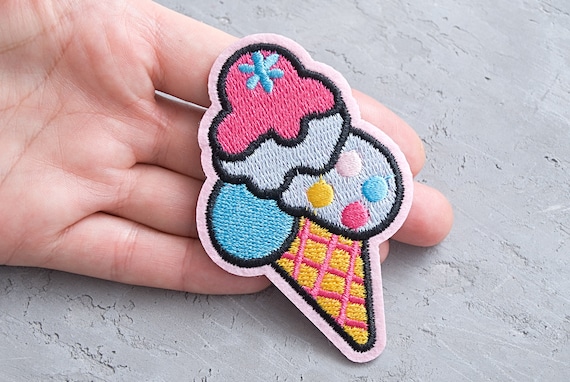Ice Cream Cone iron-on patch 85mm, Ice Cream badge, Pink girly patch, Embroidered food applique, Embroidery badge gift - 3 3/8"