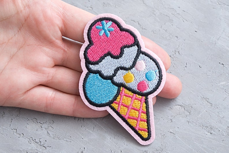 Ice Cream Cone iron-on patch 85mm, Ice Cream badge, Pink girly patch, Embroidered food applique, Embroidery badge gift - 3 3/8"
