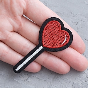 Heart Lollipop patch 67mm, Candy embroidery patch for jacket, Red iron on / Sew on patch, Applique for backpack accessory - 2 5/8&quot;