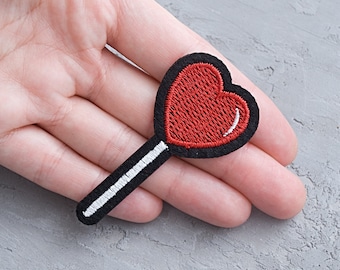 Heart Lollipop patch 67mm, Candy embroidery patch for jacket, Red iron on / Sew on patch, Applique for backpack accessory - 2 5/8"