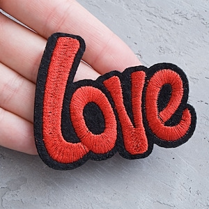 Love patch 65mm, Red embroidered applique, Sew-on Patch, DIY emblem for jacket jeans backpack, Costume decorative patches - 2 9/16"