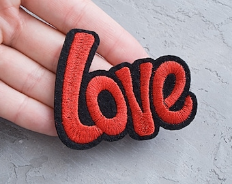 Love patch 65mm, Red embroidered applique, Sew-on Patch, DIY emblem for jacket jeans backpack, Costume decorative patches - 2 9/16&quot;