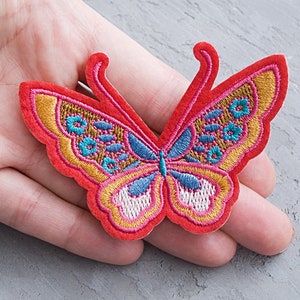 Red Butterfly patch 82mm, Embroidered iron on patch for jacket, Art applique, Cute patch for girl, Summer gift badge