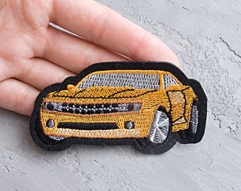Yellow car patch 90mm, Iron-on embroidered applique, Car badge, Automobile emblem applique - 3 9/16&quot;