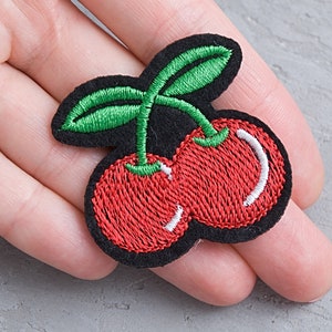 Red cherry patch 1 11/16&quot;, Fruit embroidered applique, Iron on patches Kid&#39;s patch Patches for backpacks, for Jackets, for Bags, For t-shirt