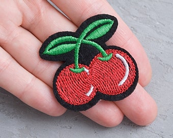 Red cherry patch 1 11/16&quot;, Fruit embroidered applique, Iron on patches Kid&#39;s patch Patches for backpacks, for Jackets, for Bags, For t-shirt