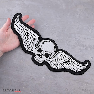 Winged Skull Embroidered Patch – Large Iron-On Biker Back Patch, Gothic Rocker Emblem, Skeleton Wings Applique for jacket - 14&quot;