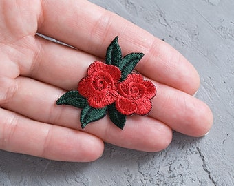 Tiny red rose patch 40mm, Flower badge, Floral embroidered applique, DIY Embroidery, Decorative patch for women girl - 1 9/16"