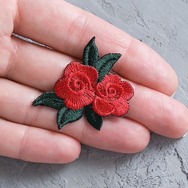 Tiny red rose patch 40mm, Flower badge, Floral embroidered applique, DIY Embroidery, Decorative patch for women girl - 1 9/16"