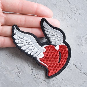 Red Heart with White Angel Wings patch 92mm, Love embroidered applique, Iron on badge, Sew On Biker patch for jacket, Clothing accessories