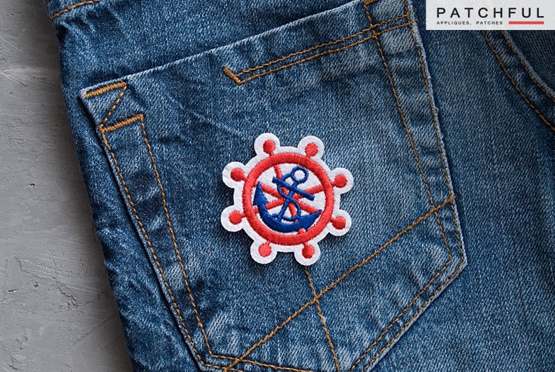 Nautical Patch 51mm, Blue Anchor Applique, Ship Captain Steering Wheel ...