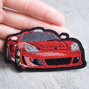 Red car patch 90mm, Race car Iron-on embroidered applique, Car Automobile emblem applique, Driver patch art, Sports car lover gift - 3 9/16"
