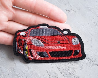 Red car patch 90mm, Race car Iron-on embroidered applique, Car Automobile emblem applique, Driver patch art, Sports car lover gift - 3 9/16"