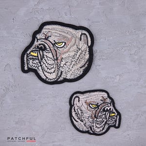 Embroidered Bulldog Patch – Grumpy Dog Head Iron-On | Animal Applique for Jackets, Backpacks, DIY Projects