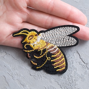 Bee Iron-on patch 74mm, Gold insect badge, Decorative patch, Embroidered applique, Bee applique motif, Bee lover gift - 2 15/16&quot;